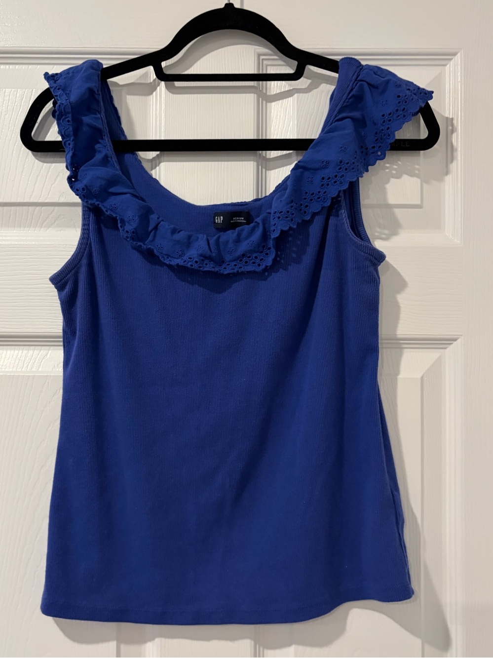 GAP Women's Mosaic Blue Ruffle Neck Tank Top